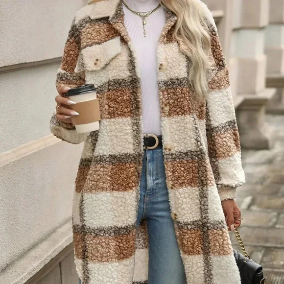 Jackets & Blazers - Multicolor Casual Women's Plaid Pattern Drop Shoulder Flap Detail Teddy Coat